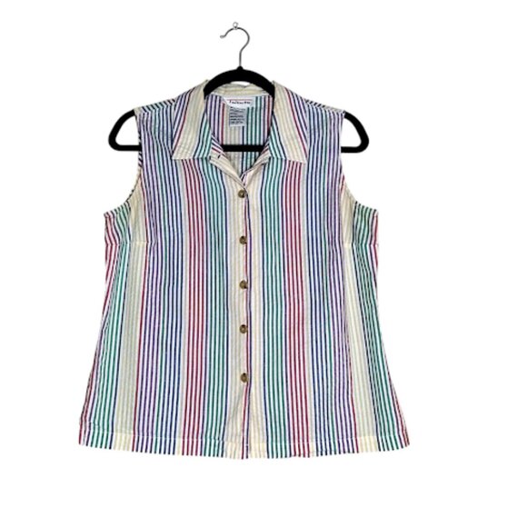 TALBOTS Vintage 90s Pastel Rainbow Stripe Sleeveless Button Down Cotton Blouse M - Picture 1 of 11